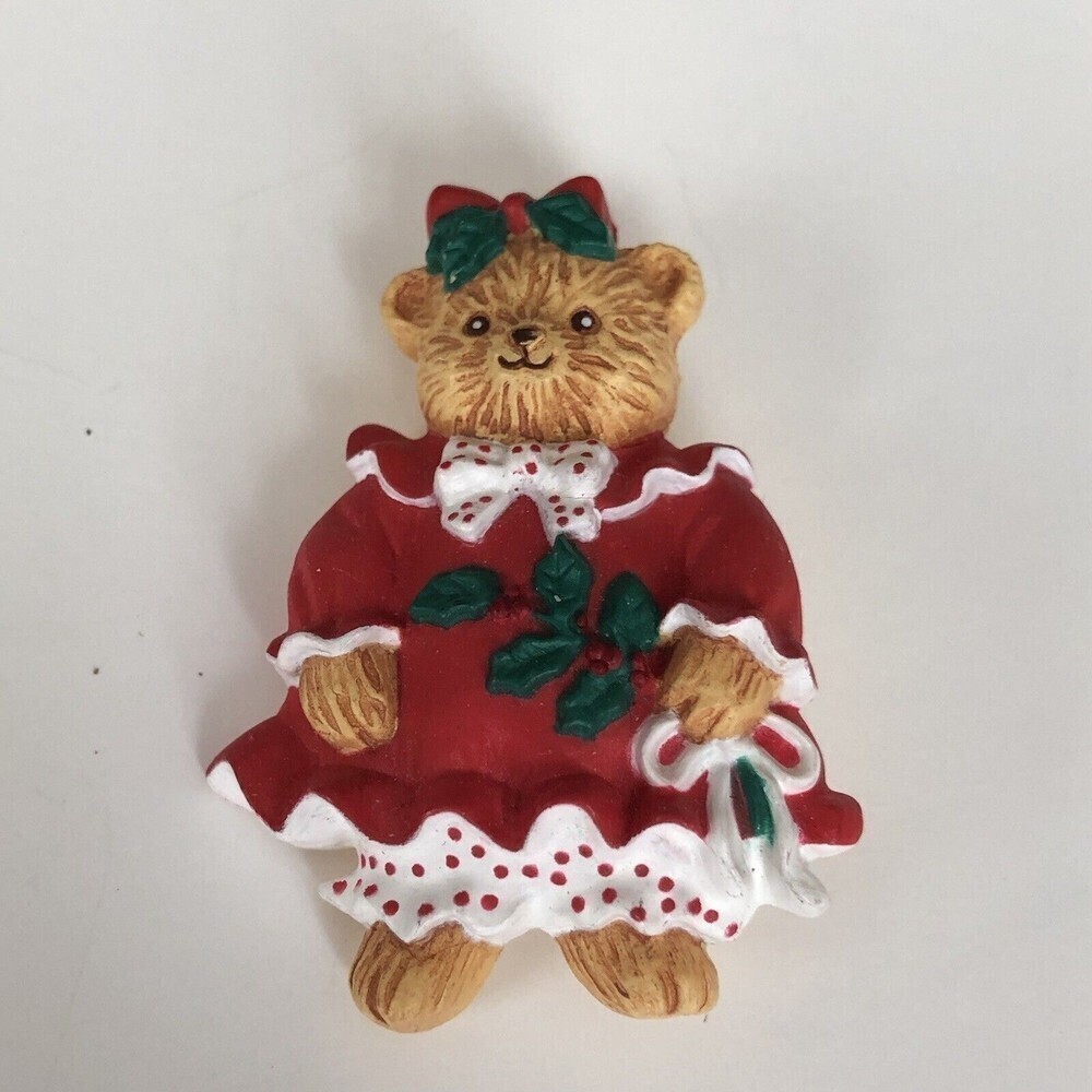 Hallmark Pin Christmas Vtg Teddy‎ Bear Girl  Red Dress Holly Holiday Brooch